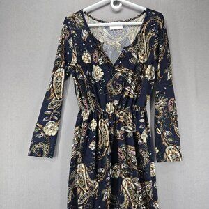 French Grey Dress, Navy, Paisley Print, Elastic Waist, XL, Stretch